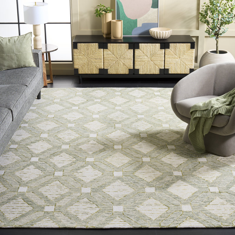 Pine 701 Hand Tufted Wool; Cotton; Latex Geometric Rug in Sage/Ivory, Rectangle 8' x 10'
