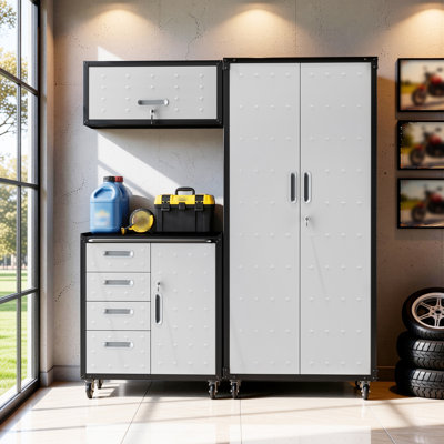 Ensemble de rangement pour garage en 3 pièces : armoires métalliques à roulettes, armoire murale, coffre à outils roulant à 4 tiroirs et armoire à panneaux perforés haute, organisateur de coffre à outils verrouillable.