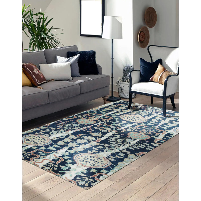 Tapis floral bleu en laine noué à la main Marianely