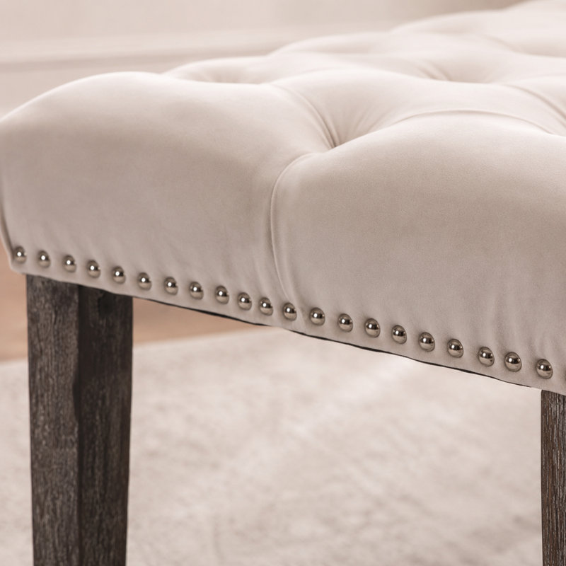 Pouf-banc en velours capitonné beige, 115,6 cm L x 43,2 cm l x 48,2 cm H, pieds en bois d'hévéa