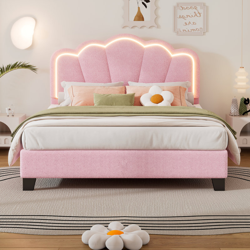 Grand lit tapissier en forme de fleur, tête de lit à fleurs élégantes avec bande lumineuse à DEL, lit plateforme en tissu sherpa avec support à lattes en bois,