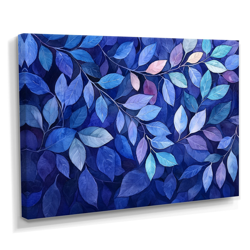 Indigo feuilles feuillage collage III - feuilles, art mural sur toile, Toile tendue, Ne s’applique pas, H 24 po x l 32 po