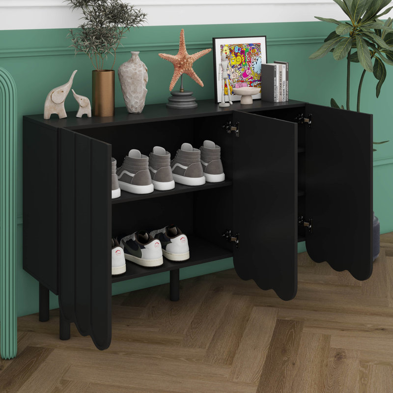 Armoire à chaussures avec 3 portes ondulées, armoire de rangement avec tablettes réglables et 5 pieds en bois massif, grande armoire de rangement