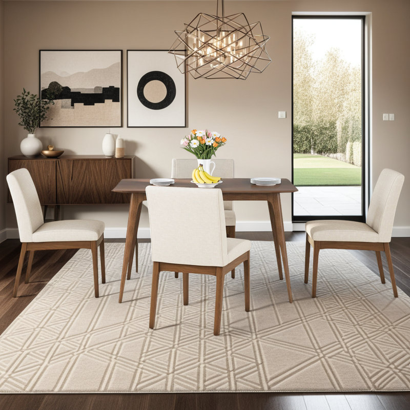 47" Modern Dining Set With Rectangular Brown Table And 4 Upholstered Fabric Dining Chairs, Light Beige