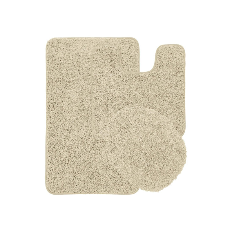 Ensemble de tapis de salle de bain à poils longs 3 pièces Boaz, tapis de bain, tapis contour, couvercle de toilette standard, antidérapant, couleur unie (ivoire)