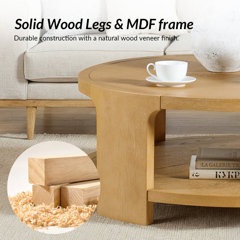 Waynesville Promise 42"W Modern Farmhouse Oak Solid Wood Round Coffee Table with Open Lower Shelf, Natural