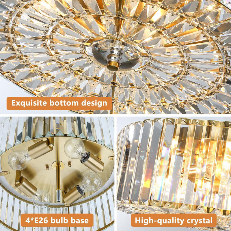17.5 Inch Flush Mount Crystal Ceiling Light Fixture, Modern Chandelier With K9 Crystals, 4-Light Round Lighting For Bedroom Living Room Hallway Dining Room