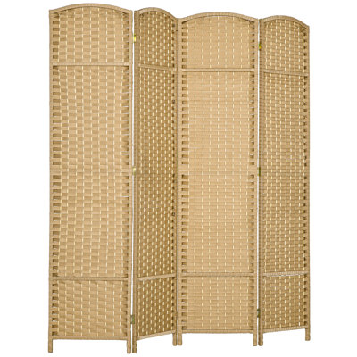 Paravent à 4 panneaux, d'une hauteur de 1,70 m, idéal pour une chambre. Motif tissé à la main, aspect bois naturel. Cloison polyvalente. Cadre et sangles en polypropylène. Léger et pliable. Aucun assemblage requis.