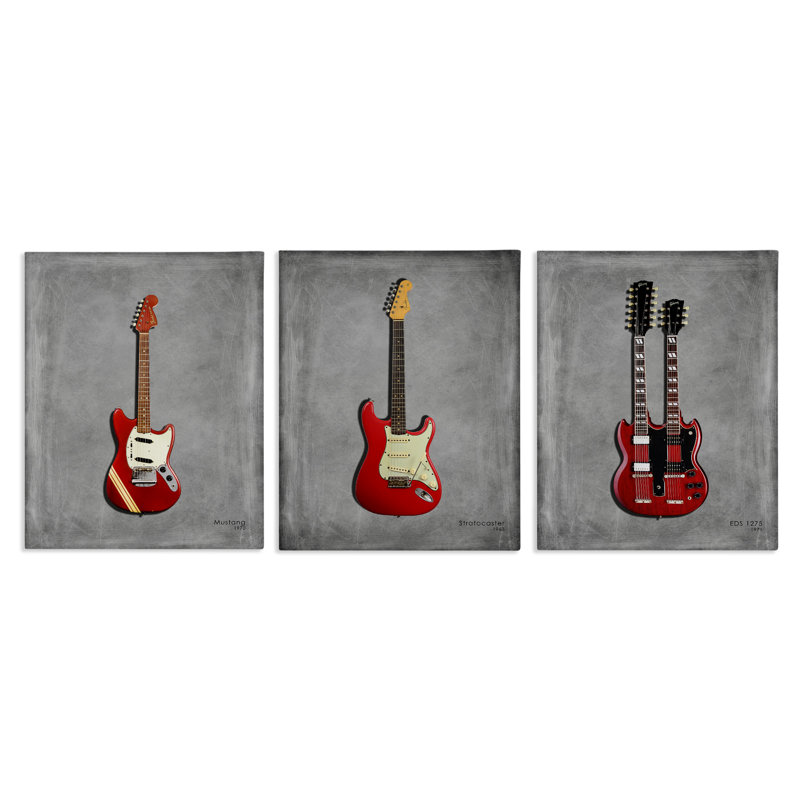 Ensemble de 3 toiles de la collection Red Guitars, conception par Mark Rogan, H 30 po x l 24 po