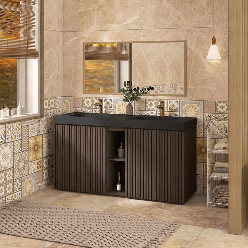 59.6'' Freestanding Double Sink Bathroom Vanity With Quartz Top