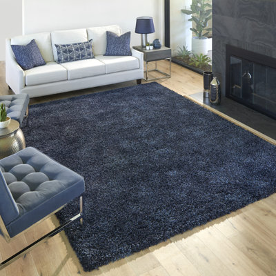  Ultimate Shag Modern Solid Color Navy Blue Polypropylene Thick Plush Shag Area Rug