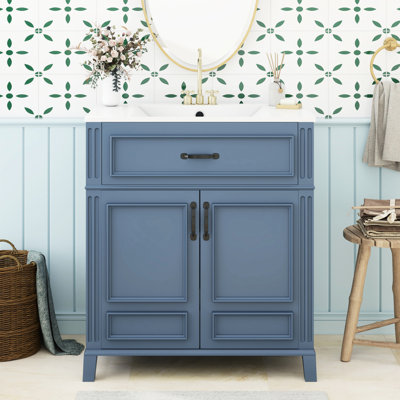 30" Blue Bathroom Storage Cabinet With Ceramic Sink - Solid Wood, Retro Drawers Cabinet, Wood Look, Construction