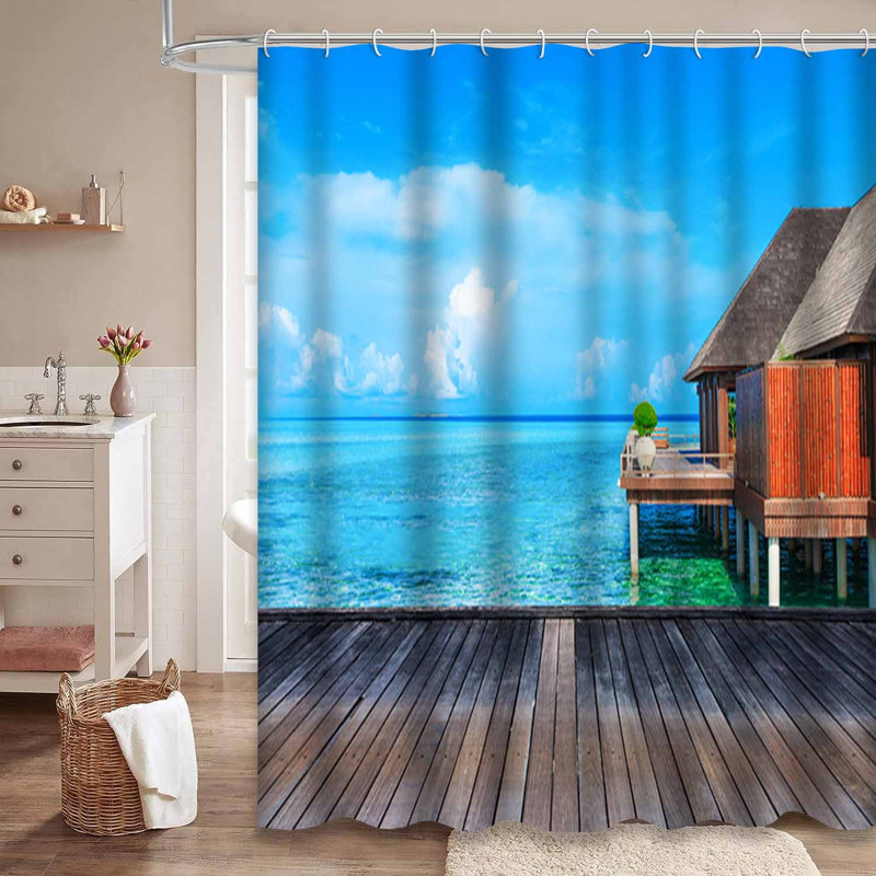 Plage, plage, hôtel bleu exotique, île, paysage, océan, palmier, 12 crochets, L 72 po x l 78 po