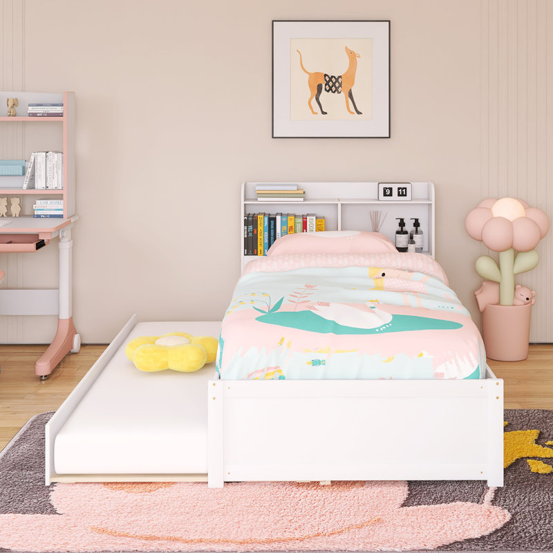 Wood Frame Twin Size Bed With Trundle,Bookcase, White
