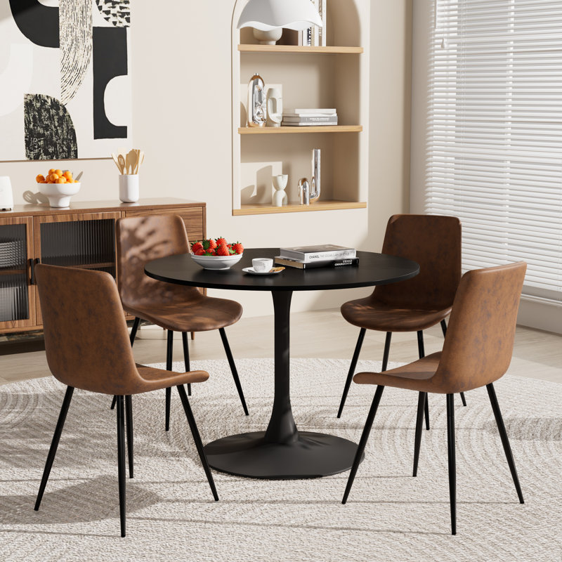 Round Dining Table Set for 4(1 Table + 4 Chairs), 28.7"H x 31.5"L x 31.5"W, Black
