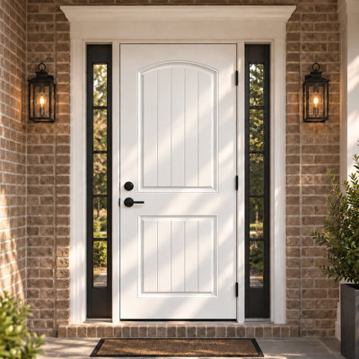 36"x80" Arch Top White Primed Raised 2-Panel Textured Steel Front Entry Door Exterior Molded Door Slab with Lockset Hole