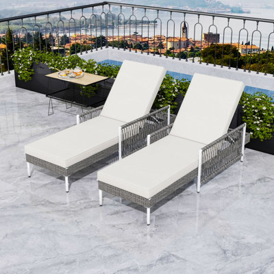 Set of 2 Outdoor PE Rattan Reclining Chaise Lounges with Cushions, Sleek Armrest and Adjustable Backrest