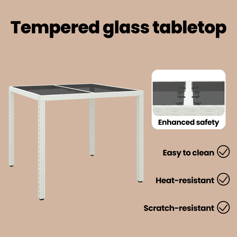 Table de salle à manger de jardin 35,4 po en rotin de polyester, Blanc, H 29,5 po x L 35,4 po x l 35,4 po