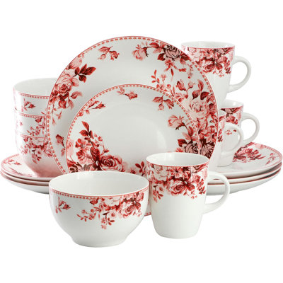 16 Piece Stoneware Dinnerware Set With Floral Rose Design, Complete Tableware Service For 4