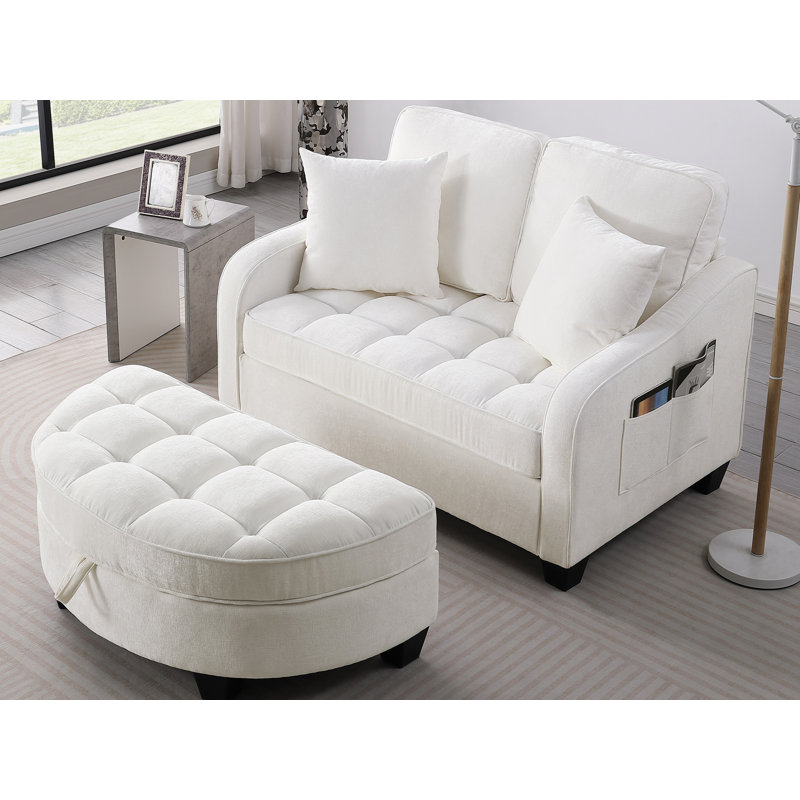 Accent Chair With Storage Semicircular Ottoman, Beige