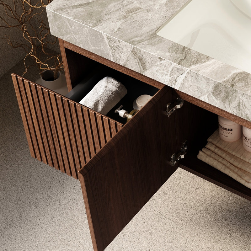 Armoire 48 po en contreplaqué de chêne brun, portes et tiroir doubles, sans lavabo, plateau, robinet, couvercle d'évier -, contreplaqué performant à fermeture en douceur, résistance, glissières de tiroir encastrées