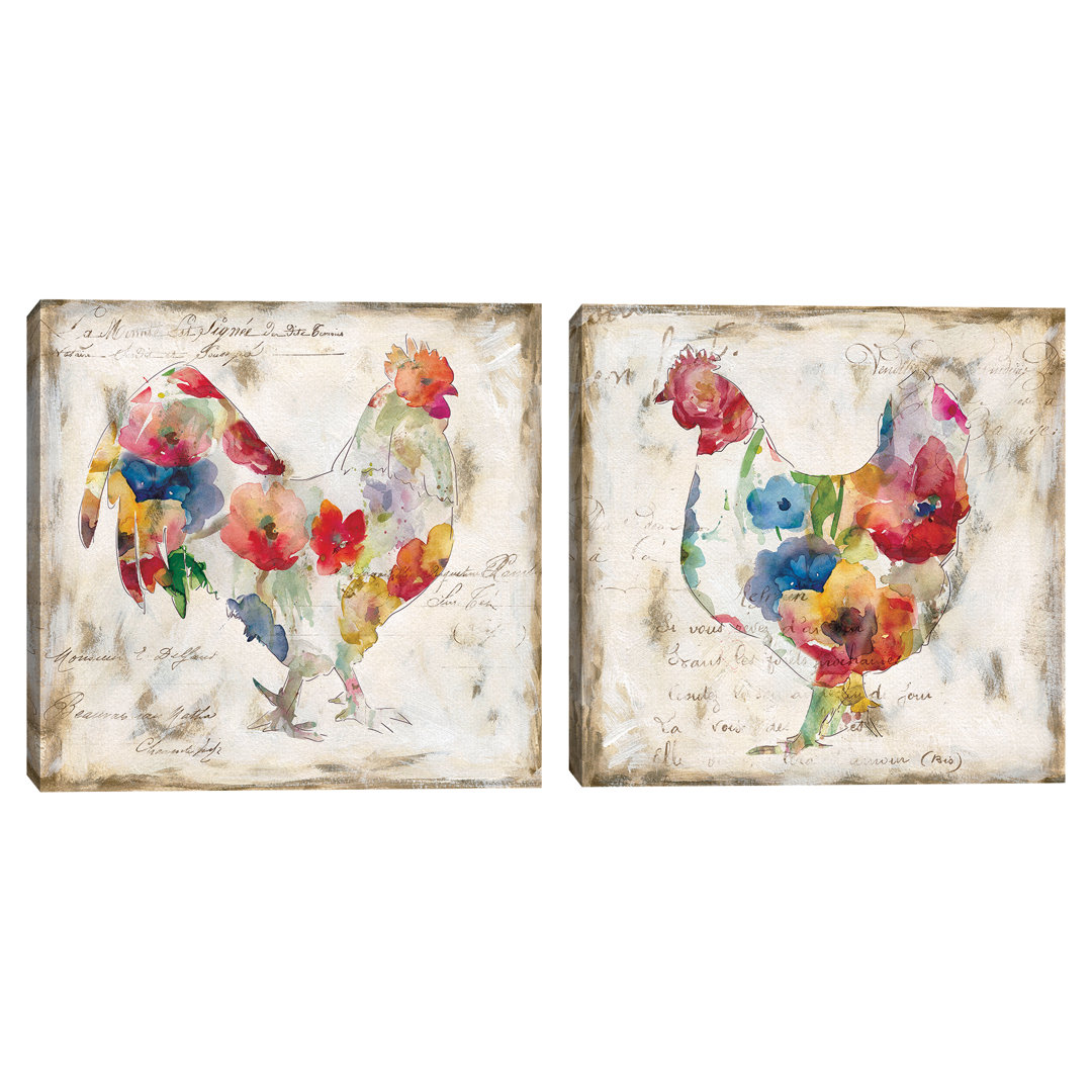 Flowered Hen & Rooster by Carol Robinson 2 Piece Watercolor Painting Canvas Print Set of 2 Fleur De Lis Living
