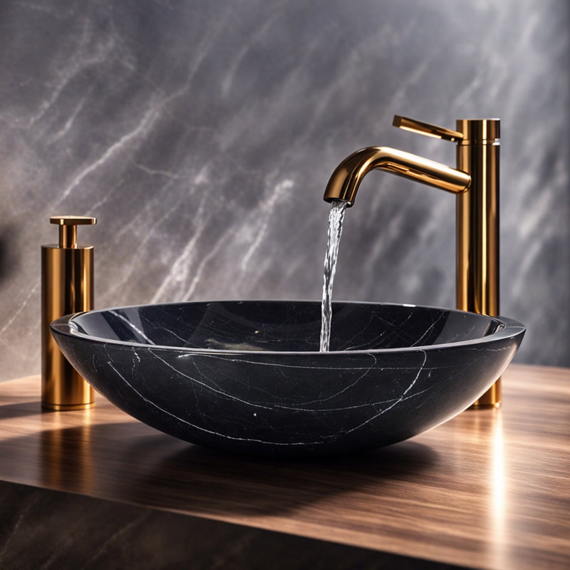 Lavabo vasque rond en marbre noir 17 po - Lavabo de comptoir en pierre naturelle noire Marquina - Lavabo de meuble-lavabo poli à la main