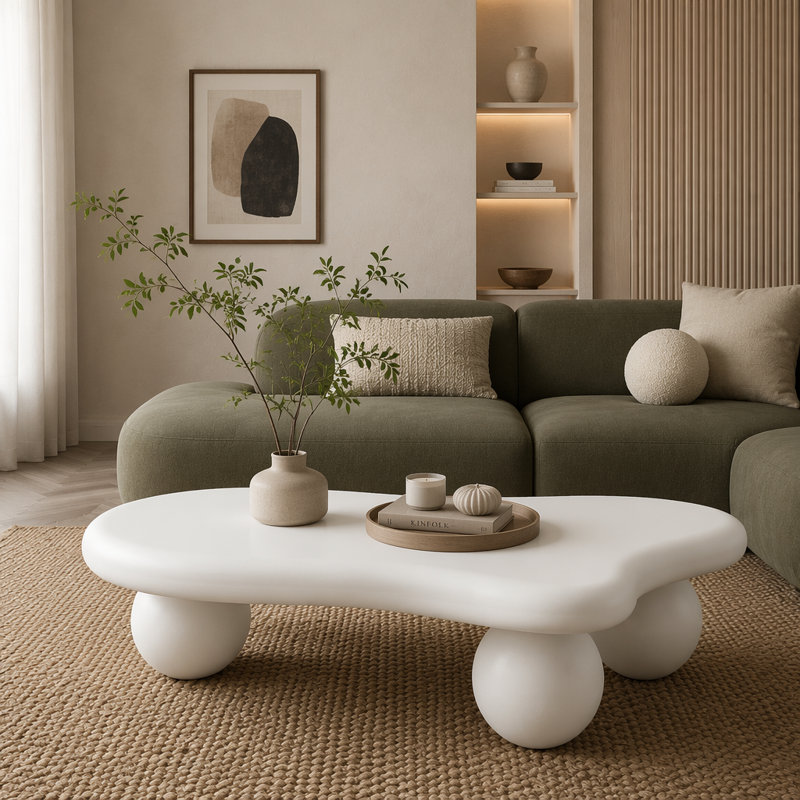 Table basse en forme de nuage avec 3 pieds sphériques pour le salon, 47,2 x 31,5 x 13,78 po, Blanc, crème