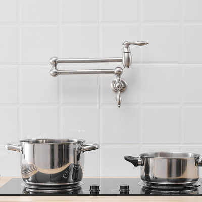 Commercial Wall Mount Kitchen Pot Filler, Brushed Nickel, Brass Material, Stretchable Double Joint Arms, Style A, Classic Design, Leak - Proof, Smooth Operation, 360 Spout Movement Mounted Faucet