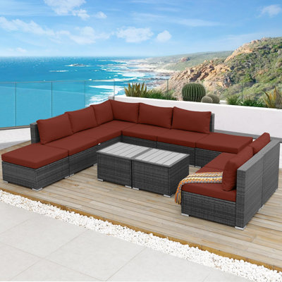 Ensemble 11 pièces de canapé de patio en rotin avec coussins et tables basses