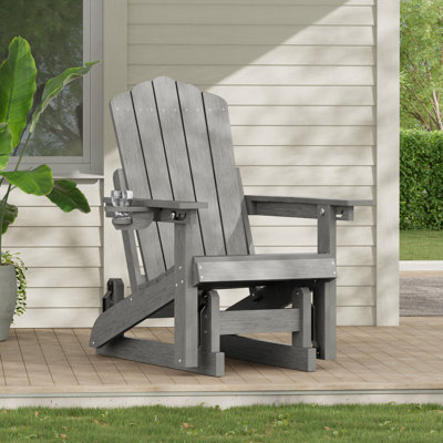 HDPE Glider Adirondack Chair, Wood-Like Glider Rocking Chair, 3-Position Adjustable Fire Pit Chair with Cup Holder for Lawn, Deck, & Poolside