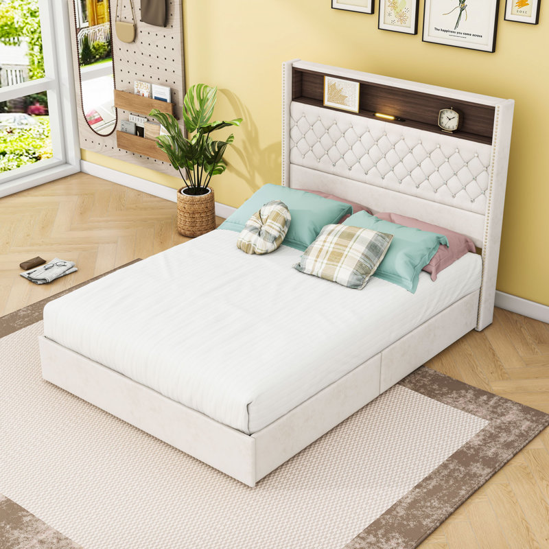 Base de lit plateforme avec port USB, veilleuse et tablette de tête de lit, Beige, Double