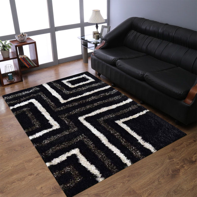 Hand Tufted Shag Polyester Eco-Friendly Area Rugs - Rectangle, Black Beige Color, Geometric Modern Design, High Pile Thick Handmade Anti Skid Area Rugs for Living Room, Bed Room
