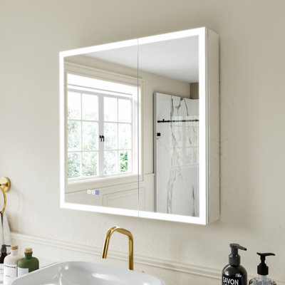 Armoire à pharmacie 30 po x 30 po à DEL avec miroir, armoire de salle de bain en aluminium avec lumières, antibuée, température à 3 couleurs à intensité variable, encastrée ou à fixation en surface
