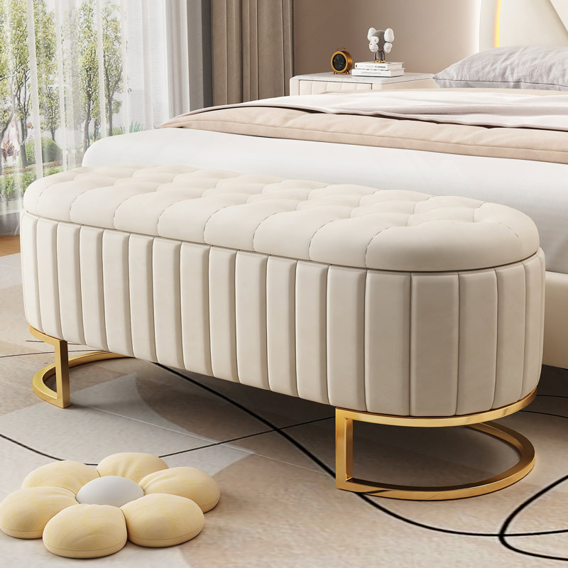 Banc de rangement rembourré avec pieds capitonnés en métal, Beige