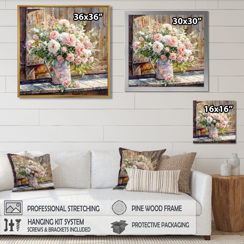 «Dondiel Summer Blush Rose Bouquet At The Barn II» - roses, art mural, H 30 po x l 30 po, Toile tendue, Ne s’applique pas