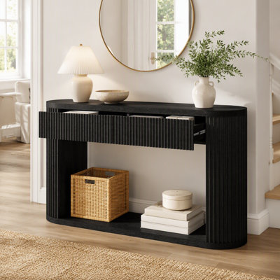 Console ovale cannelée avec 2 tiroirs et tablette inférieure, table d'entrée en bois avec glissières en métal lisse pour le salon, entrée