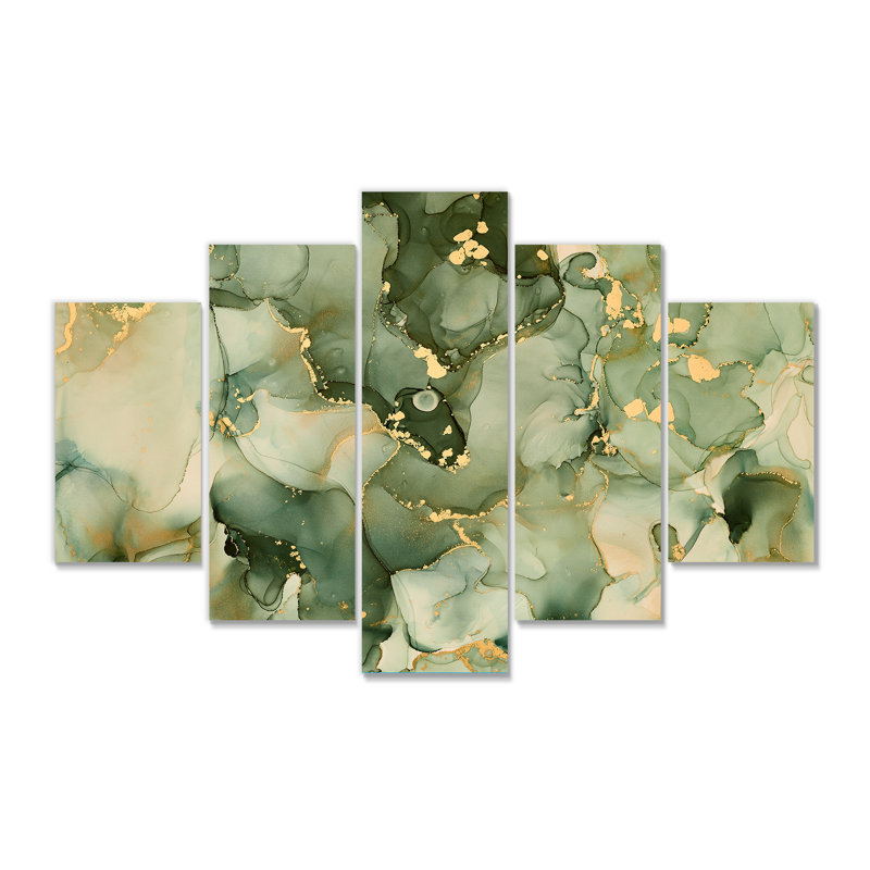 «Green Luxury Abstract Fluid Art I», peinture sur toile tendue 5 pièces