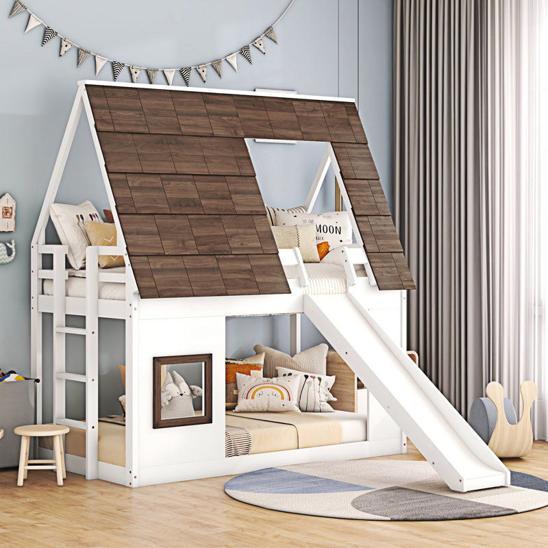 Lit superposé avec toit Wood House, Brun / Blanc