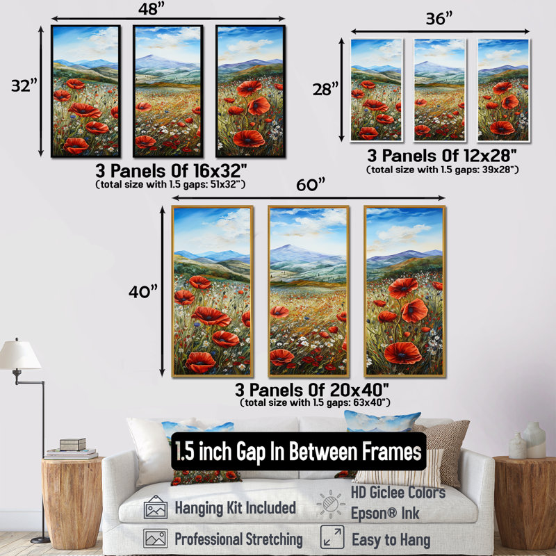 «Red Poppies Field In Mountain II» - ensemble d'art mural coquelicots, Cadre flottant blanc, H 32 po x l 48 po x P 1 po