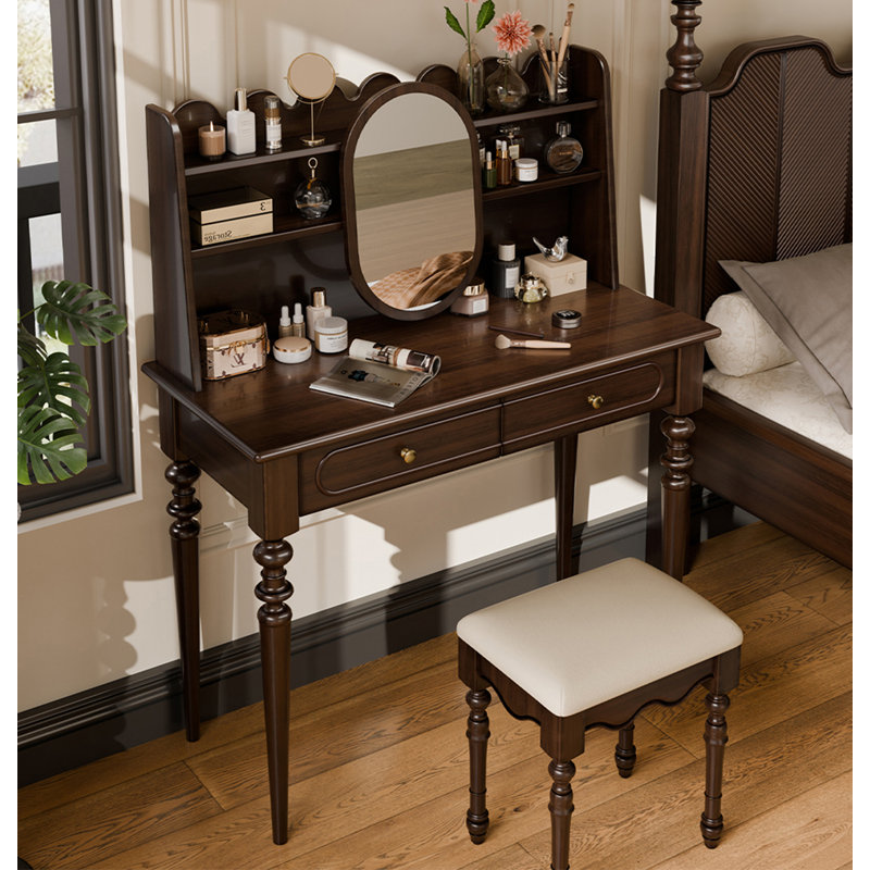 Vintage American Solid Wood Vanity Table With Storage Shelves And Matching Stool For Bedroom