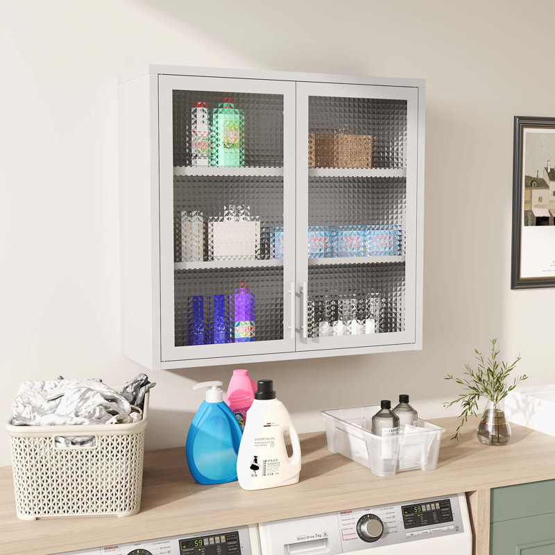Armoire de rangement murale de style rétro avec portes en verre brumeux, Blanc