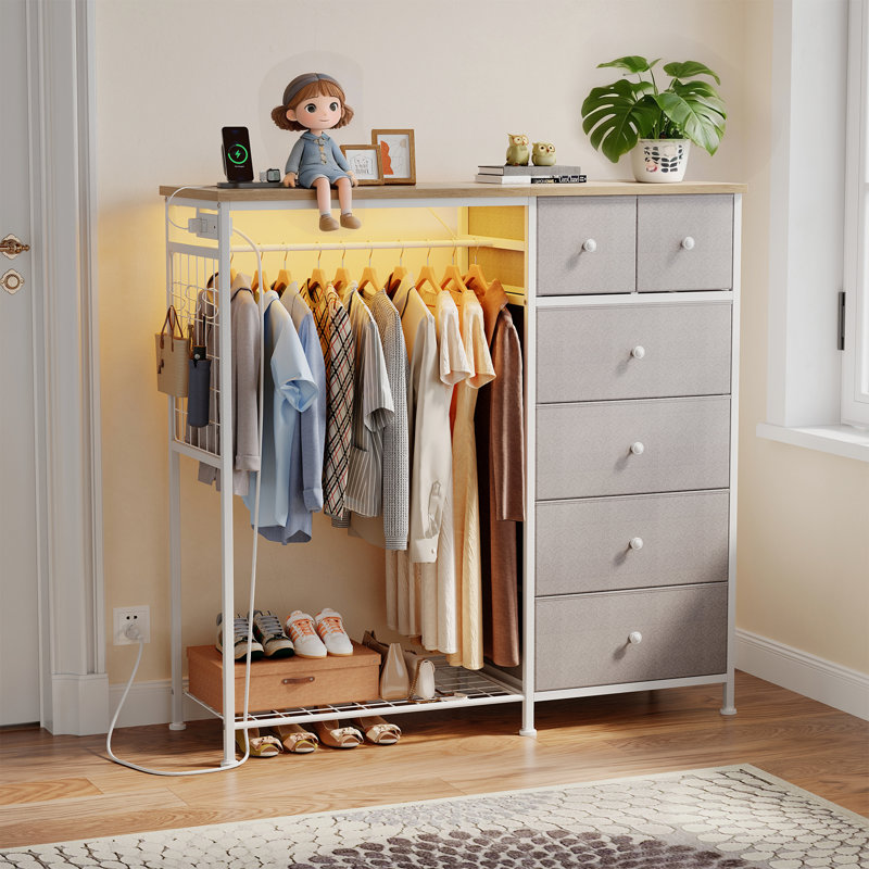  6 Drawer Dresser with Hanging Rack and Shoe Rack, Fabric Storage Dresser with Charging Station and LED Lights for Bedroom, Closet, Entryway