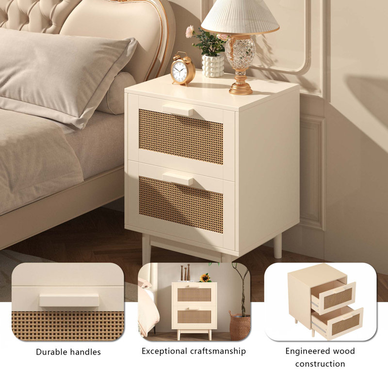 Table de chevet en rotin, table de bout en bois, table d'appoint avec 2 faux tiroirs décorés de rotin