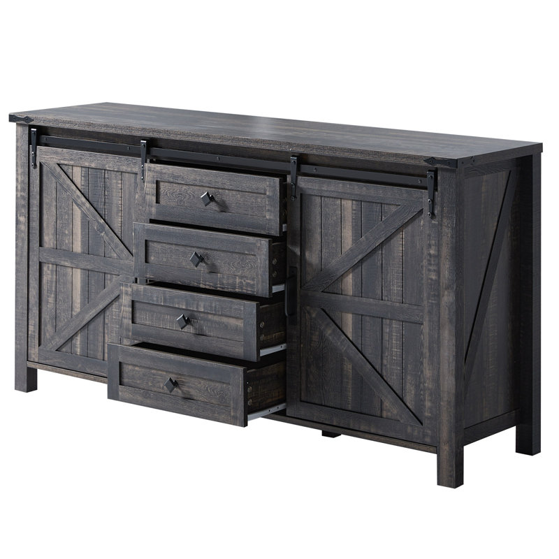  60" Farmhouse Sideboard with Sliding Barn Doors & 4 Drawers, Dark Oak, Black