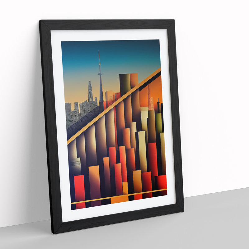City Skyline Retro Art No.6 - Print, 66cm H x 48cm W x 2cm D, Black Framed, White