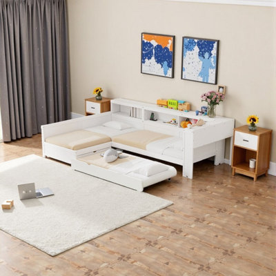 3 IN 1 Twin Size L-Shaped Platform Bed Daybed with Trundle - Storage & Charging Station - 350LB Capacity