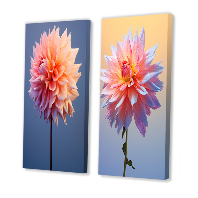 Coral et bleu Dahlia Dance - ensemble de 2 impressions sur toile Dahlia, Toile tendue, H 28 po x l 25 po