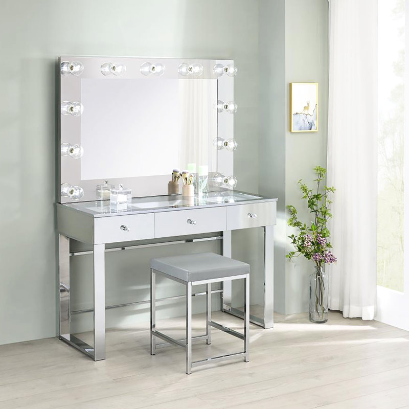 Tabouret de coiffeuse contemporain gris avec coussin carré en mousse et rembourrage en mousse pour la chambre à coucher ou le vestiaire