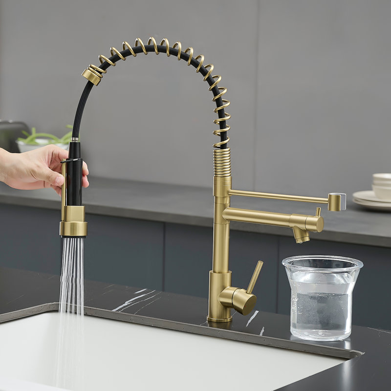 Robinet de cuisine avec douchette extractible, acier inoxydable, robinet mitigeur à commande unique, fini or brossé, design élégant et moderne.